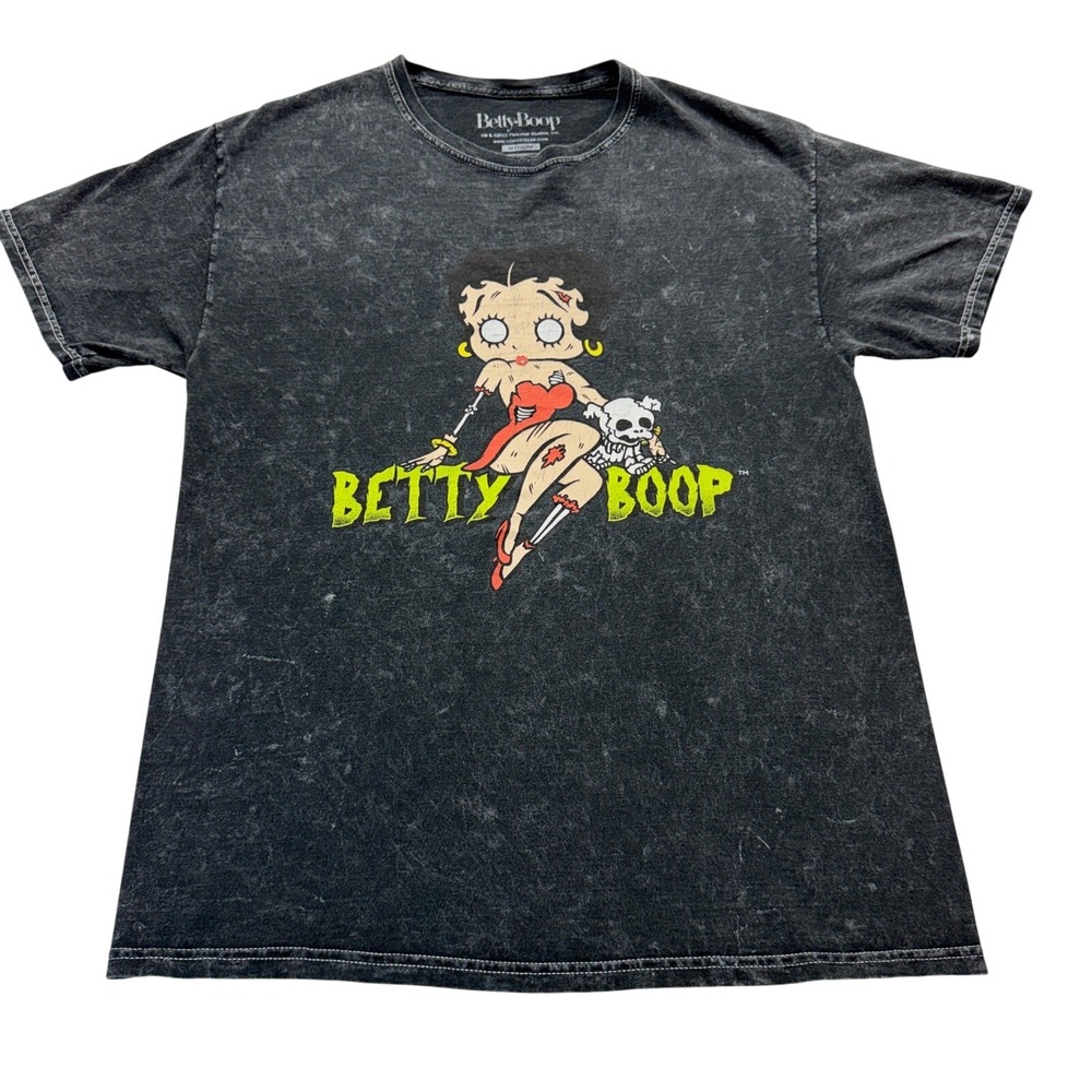 Betty Boop T-Shirt Unisex Medium Gray Zombie Graphic Acid‎ Wash Cotton Tee
